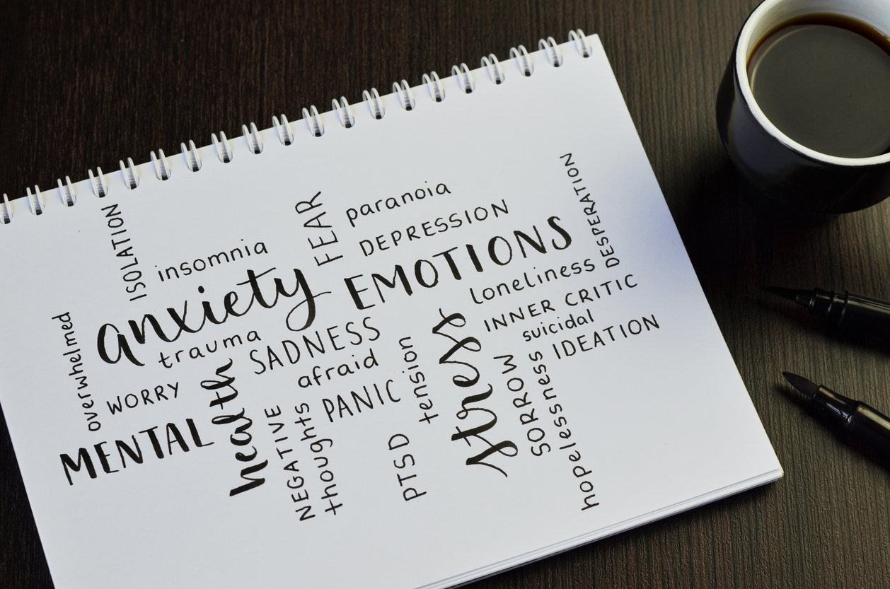 MENTAL HEALTH theme word cloud handwritten in notebook MENTAL HEALTH theme word cloud handwritten in notebook with cup of espresso and pens on black wooden desk